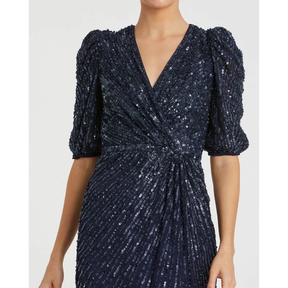 Mac Duggal 5578 size 20Navy Blue Sequin Wrap V Neck Puff Sleeve Midi Dress - Picture 2 of 14